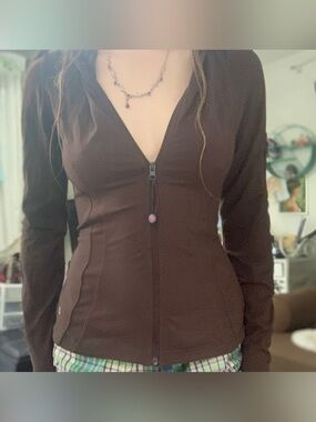 Brown Zip-Front Fitted Jacket